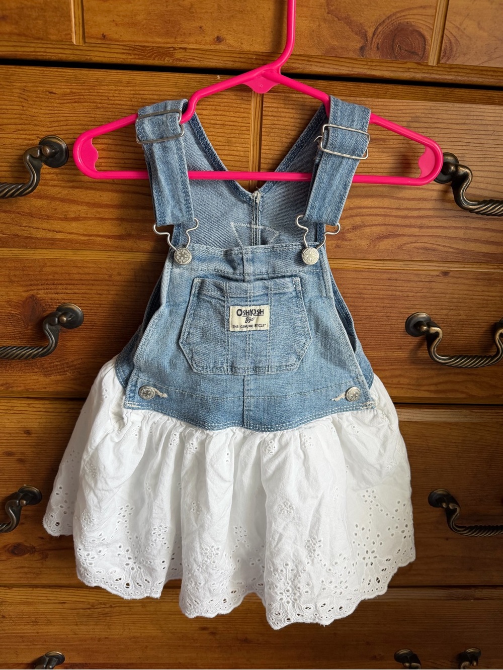 OshKosh B'gosh Light Blue Denim Overall Dress with White Eyelet Skirt size 18m